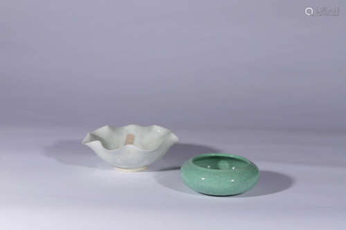 A Green Glazed Porcelain Brush Washer and a Saucer