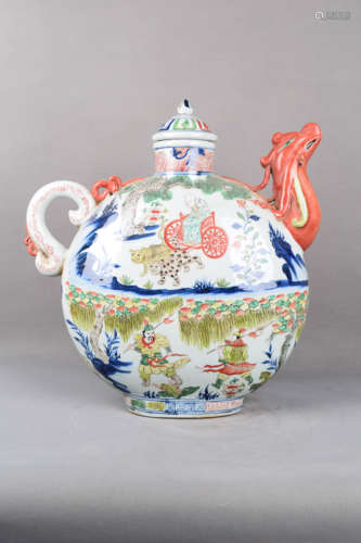 A Famille Rose Figure Porcelain Pot with a Phoenix Mouth