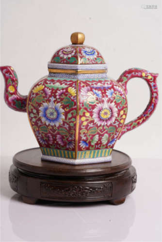 A Cloisonne Flower Hexagonal Red Clay Pot