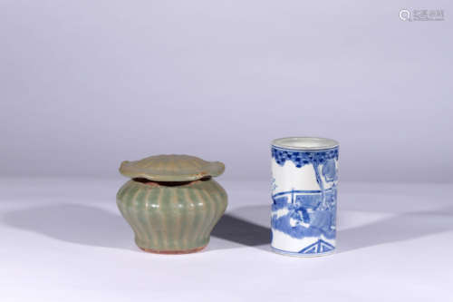 A Longquan Kiln Porcelain Jar and a Blue and White Figure Porcelain Brush Pot