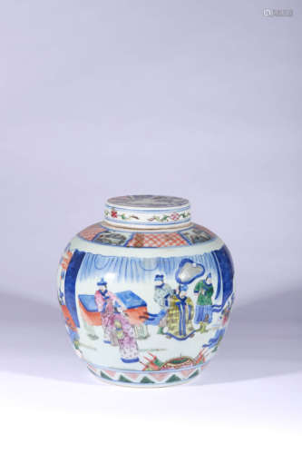 A Blue and White Multicolored Figure Porcelain Jar and Cover