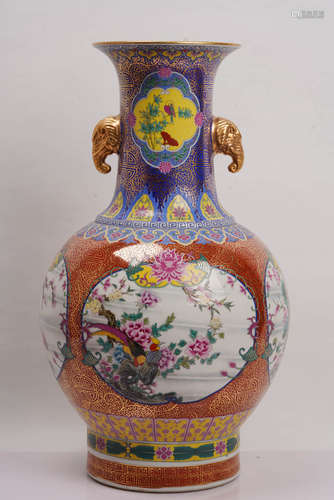 An Enamel Bird and Flower Porcelain Vase with Elephant Head-shaped Ears