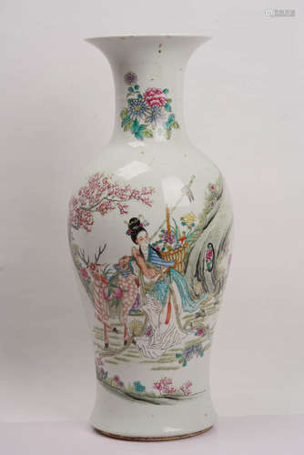 A Famille Rose Flower and Figure Porcelain Vase