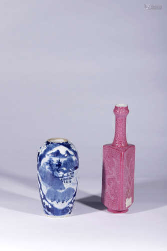 A Blue and White Porcelain Meiping and a Trigonal Porcelain Vase