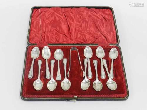 A cased part set of teaspoons and sugar tongs