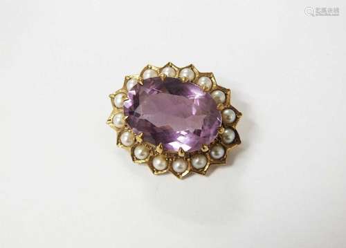 A 9ct gold amethyst and split seed pearl brooch