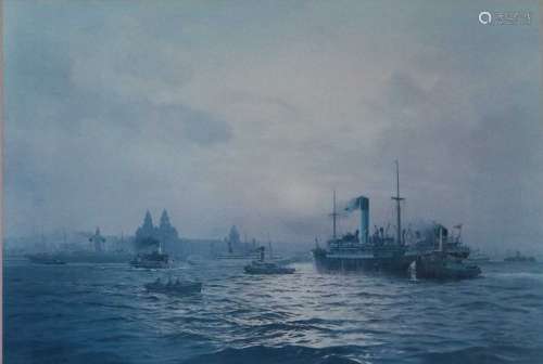 Gordon Ellis (British 1921-1979), Early Morning Shipping on the Mersey Limited edition print