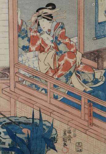 Japanese Woodblock Print of an Actress leaning on a balcony