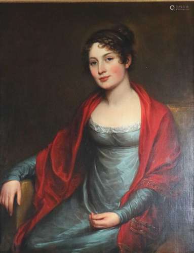 English School, 19th century, 3/4 portrait of a young lady wearing a blue dress and a red shawl, oil