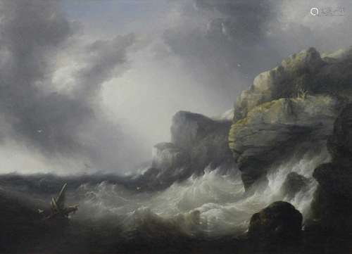 English School, 19th century, ship foundering in stormy seas off the coast, bears plaque 'John