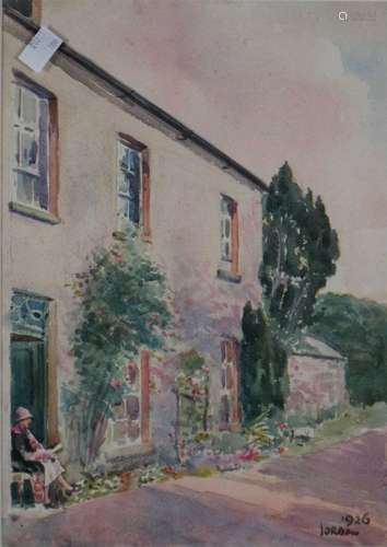 Jordan (20th Century) Lady Reading on Front Step of a Cottage