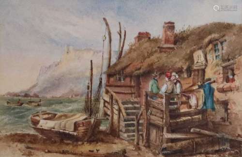 British School (19th Century) Men gathered at a Coastal Tavern Watercolour