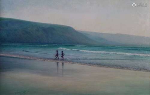 Denby Sweeting (British 1936-2020), Children Playing in the Surf oil on panel
