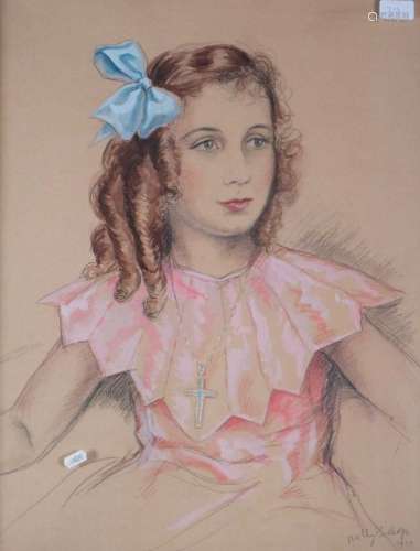 British School (20th Century) Portrait of Young Girl with Blue Bow, Molly Bishop 1937 Mixed Media