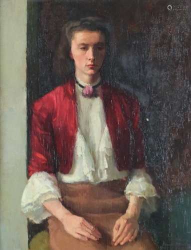 Attributed to Deryck Foster (British 1924-2011), Portrait of A Woman in Red Jacket oil on board