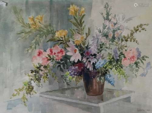 R.G. Britton (British 20th Century) Still Life Spring Flowers watercolour