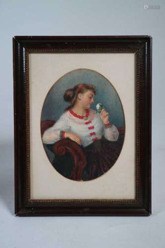 English School, 19th century, a young woman sitting at a table, watercolour, 23.5 x 17.5cm, and