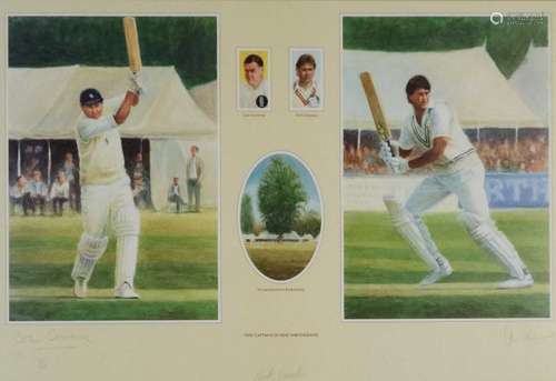 A Chelsea Green Editions cricketing print, with portraits of Colin and Chris Cowdry, signed in