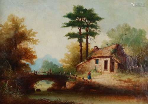 R Bonner (British School 19th-20th Century) Country Cottage Beside a Stream oil on canvas