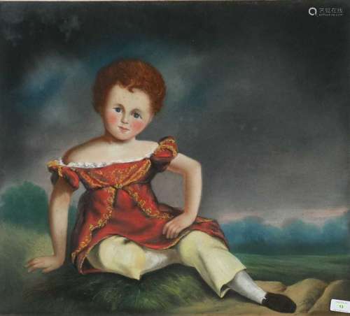 Naive School, 19th century, Portrait of a child sitting in a landscape, label verso, Orlando