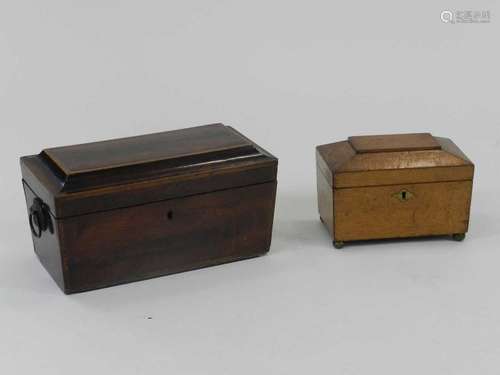 A late Victorian inlaid mahogany tea caddy, of sarcophagus form, 32cm wide, together with an