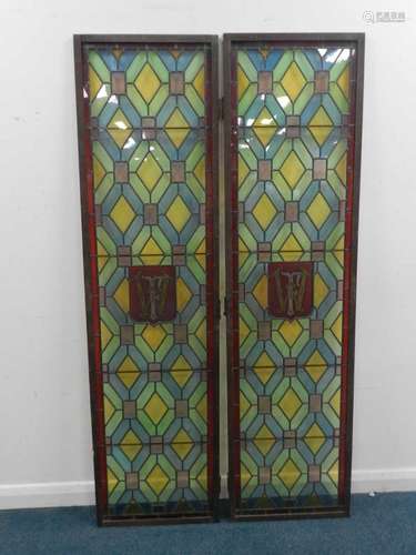 A pair of framed full-height leaded glass doors monogrammed to the centre W.F, 179cm high, 47.5cm