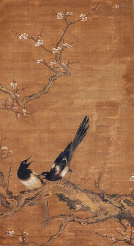 明時代 佚名絹本春梅寒鴉  A Chinese Painting