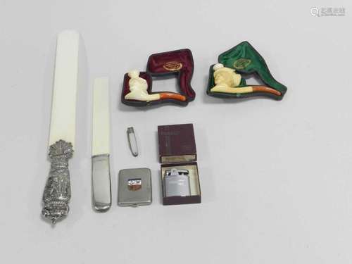 A group of gentleman's accessories including two silver-mounted ivory page turners, two cased