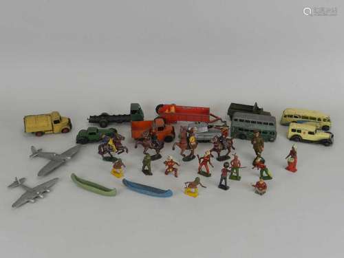 A group of lead figures and a group of die-cast vehicles, unboxed and play worn, including Timpo