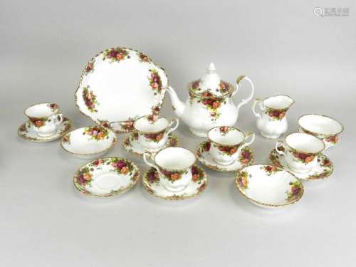 Royal Albert Old Country Roses service comprising six teacups, six saucers, teapot and cover, six