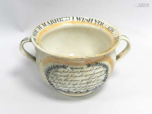 A Sunderland lustre motto chamber pot19th centuryof twin-handled form, exterior and rim with a