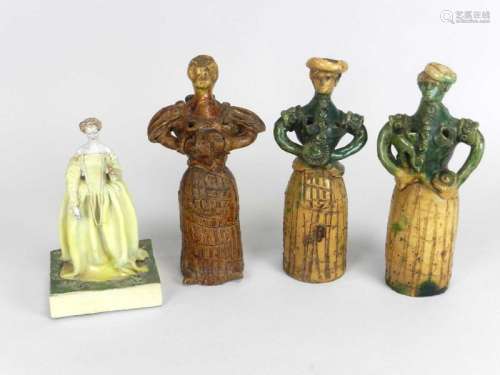 Chelsea Cheyne figure and three Art Pottery figures