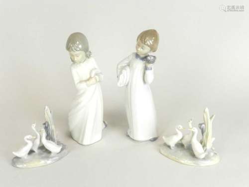 Nao figures of boy and girl at bedtime and two models of geese, printed factory marks (4)