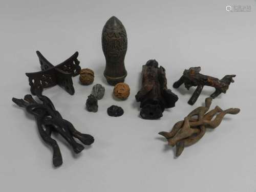A group of Chinese and Japanese wooden works of art, mainly 19th Century, including a rootwood
