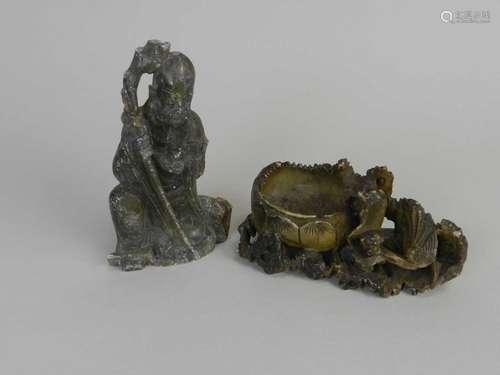 Two Chinese soapstone carvings, 19th century, the first of Shoulao in kneeling pose, 15cm high (at