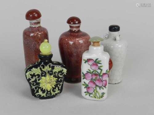 Five Chinese porcelain snuff bottles, 19th-20th century, including two with copper red glazes, one