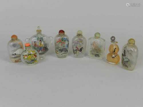 Eight Chinese glass painted snuff bottles, 20th century, with internally painted scenes. (8)