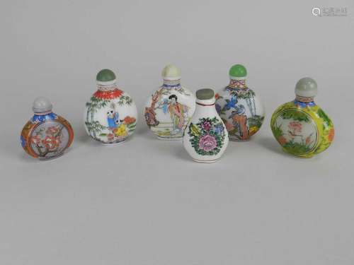 Five Chinese opalescent glass snuff bottles, 20th century, painted in colours with figures or