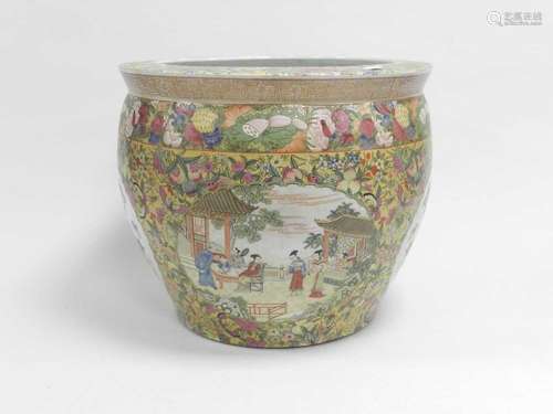 A Chinese Canton famille rose style fish bowl, 20th century, printed and painted with scenes of