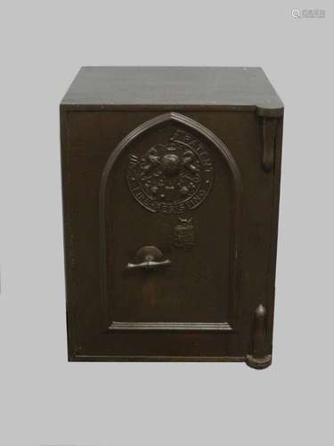 A Milners patent fireproof safe, circa 1900, of cuboid form, the main door with arched moulding