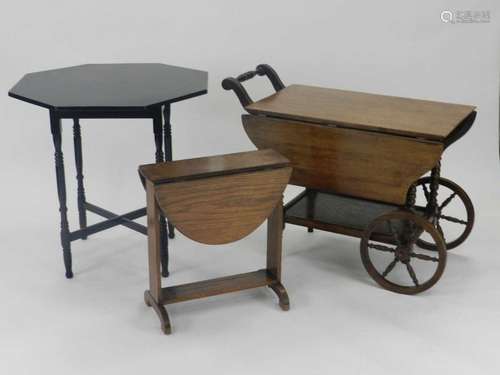 An Edwardian oak drop-leaf trolley table and two other tables of similar vintage. (3)