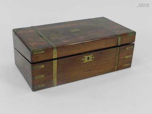 A Victorian brass-bound mahogany writing slope, with tooled green leather skiver and rosewood pen