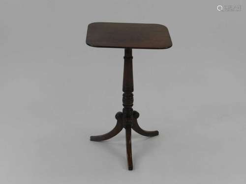 A Regency style mahogany tripod occasional table, the square top above a turned column raised on