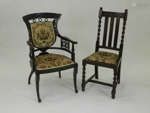 An Edwardian mahogany upholstered open armchair, with carved top rail, seat height 42cm, together