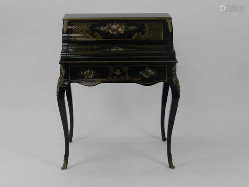 A 20th century, Louis XV style, ebonised and painted cylinder bureau