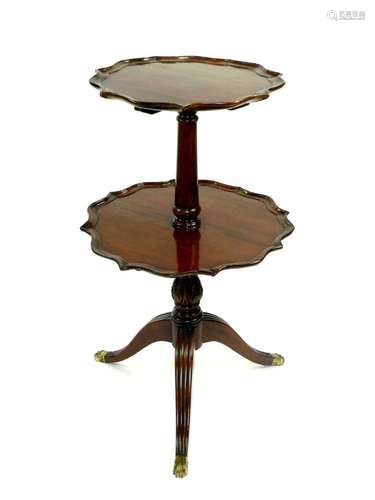 A reproduction mahogany two-tier waiter, the scroll edged circular tiers on a tapering column,