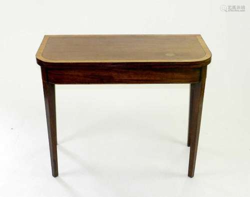 A George III 'D' shaped, mahogany card table, crossbanded in satinwood, 91cm wide, 73cm high (top