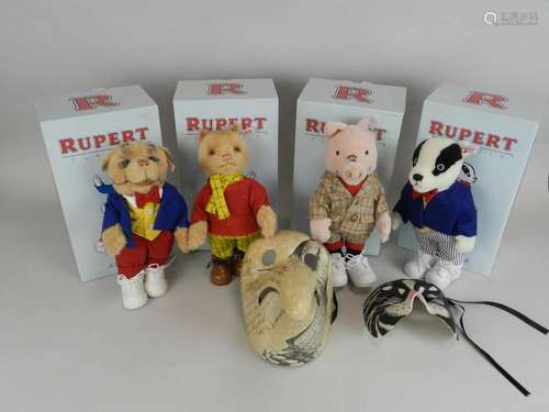 Four Steiff Rupert the Bear teddy bears: Podgy Pig, Algy Pug, Bill Badger, and Rupert, all boxed