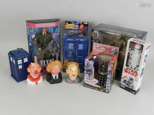 A collection of film and TV tie-in action figures and accessories including Dr Who, Lord of the