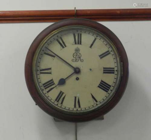 A George V mahogany fusee type circular wall clock, the 12